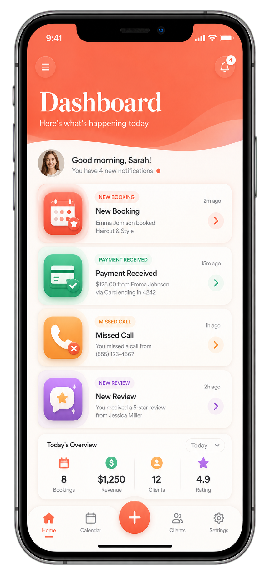 The Good Dog app showing bookings, payments, calls and reviews on your phone
