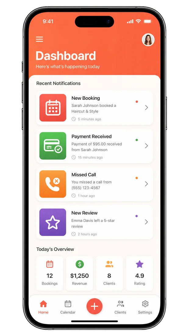 The Good Dog app showing bookings, payments, calls and reviews on your phone